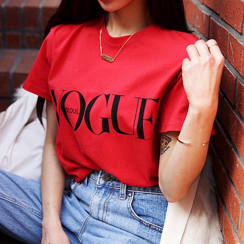 Fashion Summer Girl Short Sleeve Tops Clothes for Women VOGUE Letter Printed Harajuku T Shirt Red Black female T-shirt Camisas