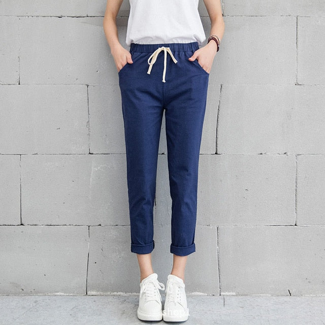 New Women Casual Harajuku Spring Autumn Big Size Long Trousers Solid Elastic Waist Cotton Linen Pants Ankle Length Haren Pants