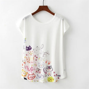 Summer Novelty Women T Shirt Harajuku Kawaii Cute Style Nice Cat Print T-shirt New Short Sleeve Tops Size M L XL