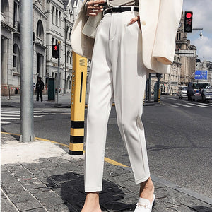 Style White Women Pants Casual Sashes Pencil Pant High Waist Elegant Work Trousers Female Casual pantalon femme 2018